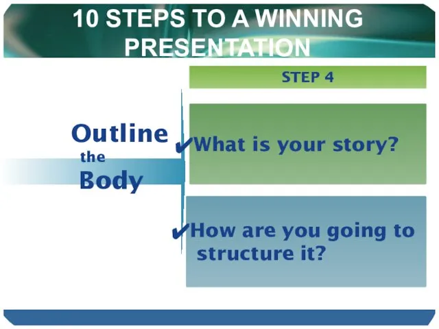 10 STEPS TO A WINNING PRESENTATION Outline the Body STEP 4 What