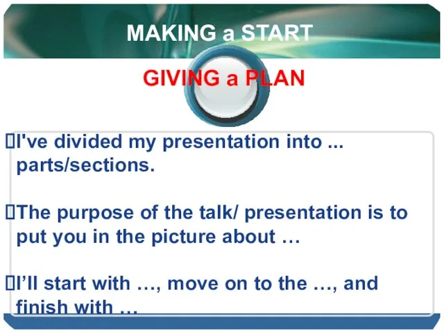 I've divided my presentation into ... parts/sections. The purpose of the talk/