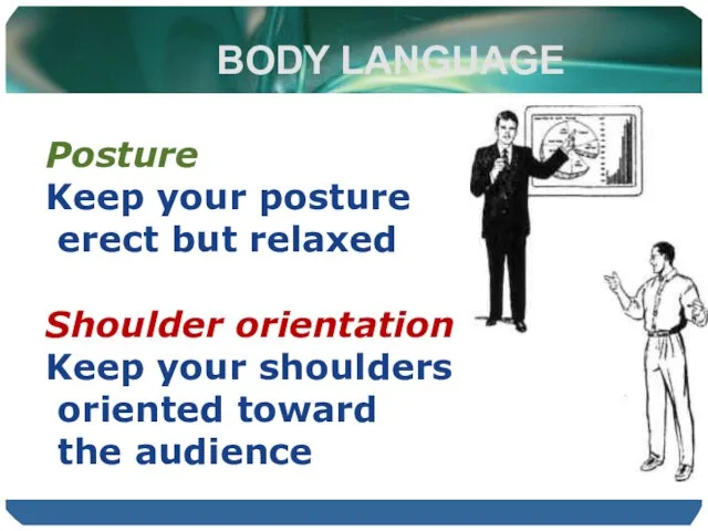 BODY LANGUAGE Posture Keep your posture erect but relaxed Shoulder orientation Keep