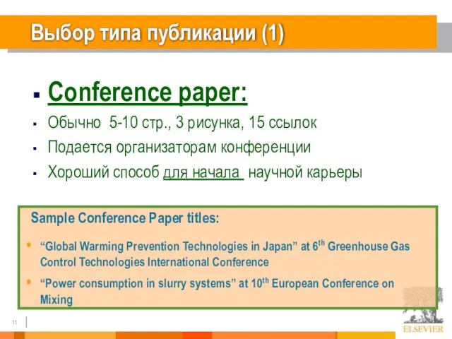 Выбор типа публикации (1) Conference paper: Обычно 5-10 стр., 3 рисунка, 15