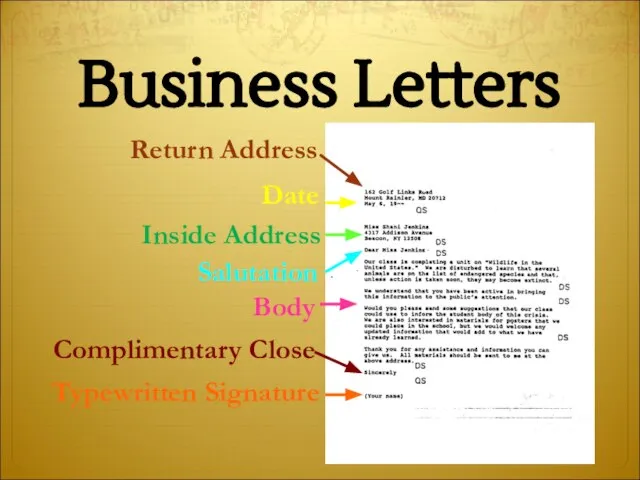 Business Letters Return Address Date Inside Address Salutation Body Complimentary Close Typewritten Signature