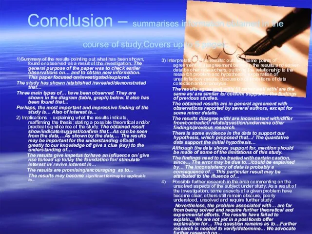 Conclusion – summarises information obtained in the course of study.Covers up to