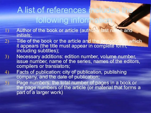 A list of references includes the following information: Author of the book