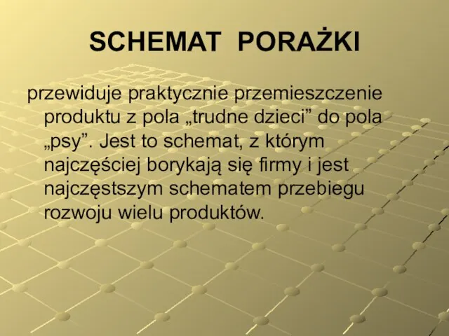 SCHEMAT PORAŻKI przewiduje praktycznie przemieszczenie produktu z pola „trudne dzieci” do pola