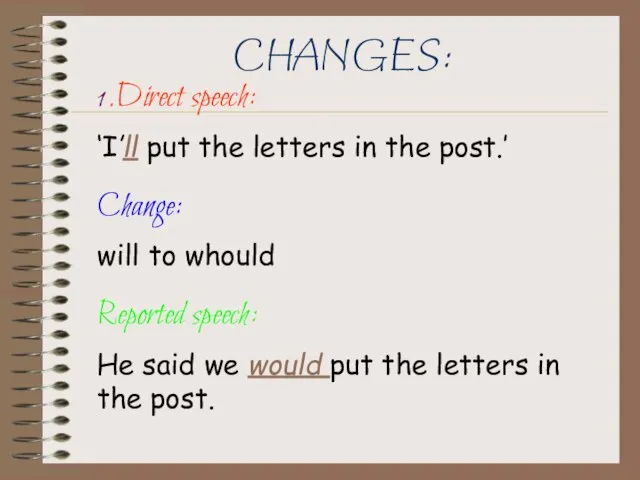 CHANGES: 1.Direct speech: ‘I’ll put the letters in the post.’ Change: will