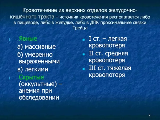 Кровотечение из верхних отделов желудочно-кишечного тракта – источник кровотечения располагается либо в