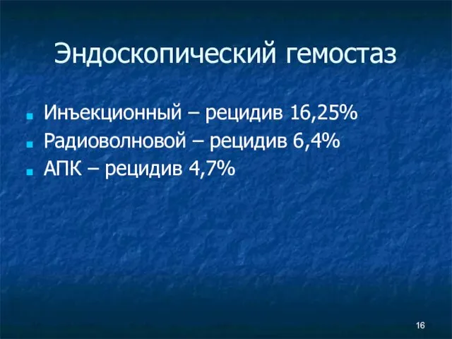 Эндоскопический гемостаз Инъекционный – рецидив 16,25% Радиоволновой – рецидив 6,4% АПК – рецидив 4,7%