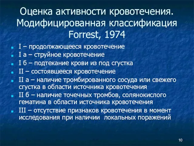 Оценка активности кровотечения. Модифицированная классификация Forrest, 1974 I – продолжающееся кровотечение I