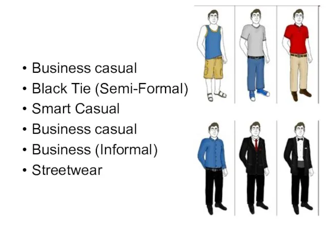 Business casual Black Tie (Semi-Formal) Smart Casual Business casual Business (Informal) Streetwear