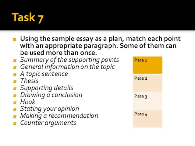 Task 7 Using the sample essay as a plan, match each point