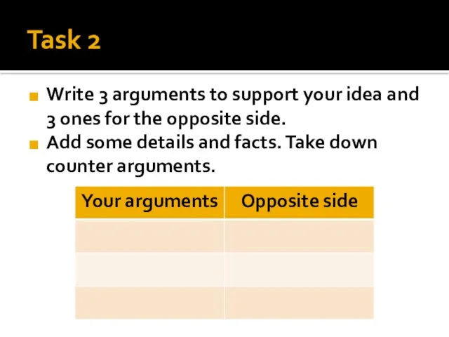 Task 2 Write 3 arguments to support your idea and 3 ones