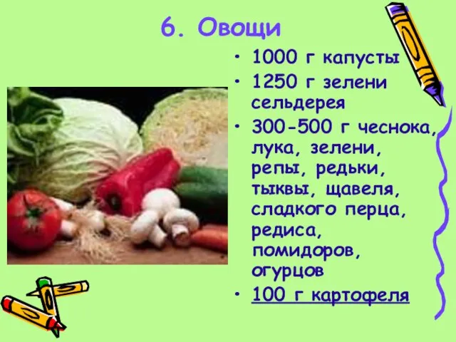 6. Овощи 1000 г капусты 1250 г зелени сельдерея 300-500 г чеснока,