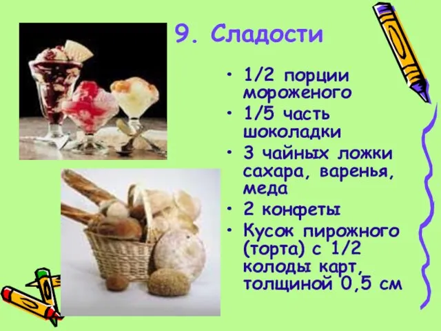 9. Сладости 1/2 порции мороженого 1/5 часть шоколадки 3 чайных ложки сахара,