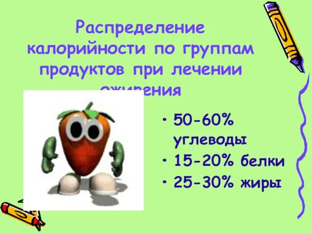 Распределение калорийности по группам продуктов при лечении ожирения 50-60% углеводы 15-20% белки 25-30% жиры