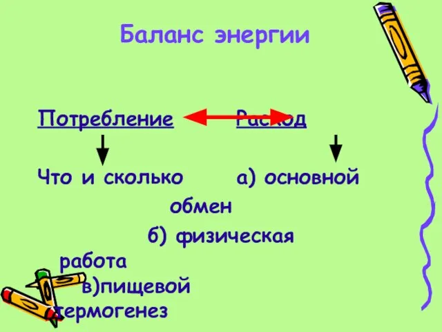 Баланс энергии Потребление Расход Что и сколько а) основной обмен б) физическая работа в)пищевой термогенез