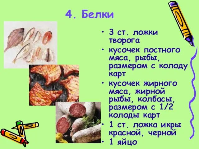 4. Белки 3 ст. ложки творога кусочек постного мяса, рыбы, размером с