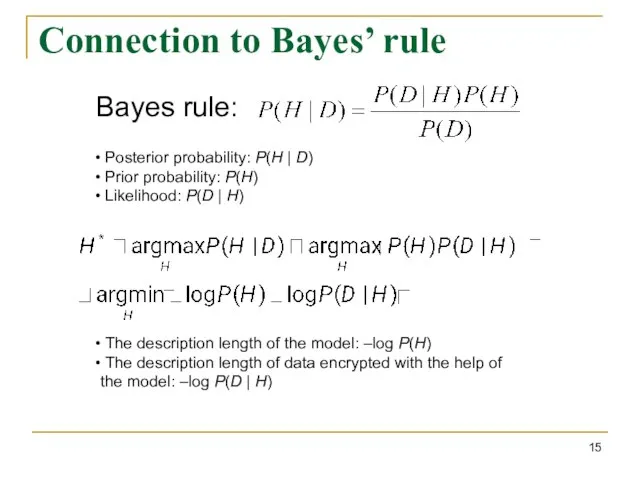 Connection to Bayes’ rule Bayes rule: Posterior probability: P(H | D) Prior