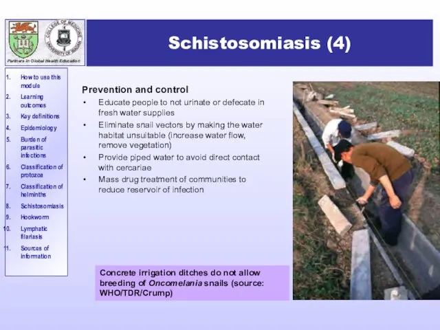 Schistosomiasis (4) Prevention and control Educate people to not urinate or defecate