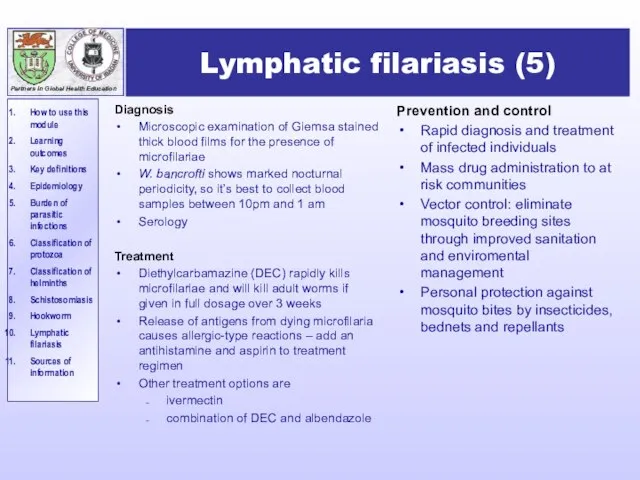 Lymphatic filariasis (5) Prevention and control Rapid diagnosis and treatment of infected