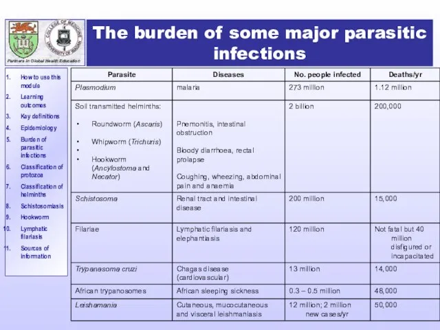 The burden of some major parasitic infections