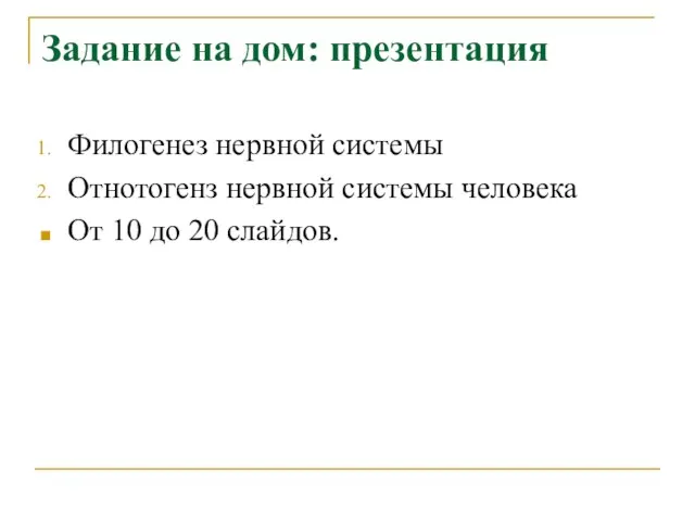 Задание на дом: презентация Филогенез нервной системы Отнотогенз нервной системы человека От 10 до 20 слайдов.