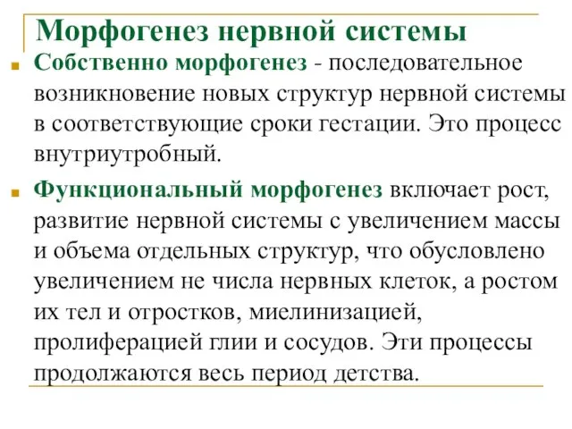 Морфогенез нервной системы Собственно морфогенез - последовательное возникновение новых структур нервной системы