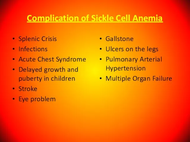 Complication of Sickle Cell Anemia Splenic Crisis Infections Acute Chest Syndrome Delayed