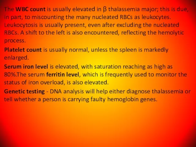 The WBC count is usually elevated in β thalassemia major; this is