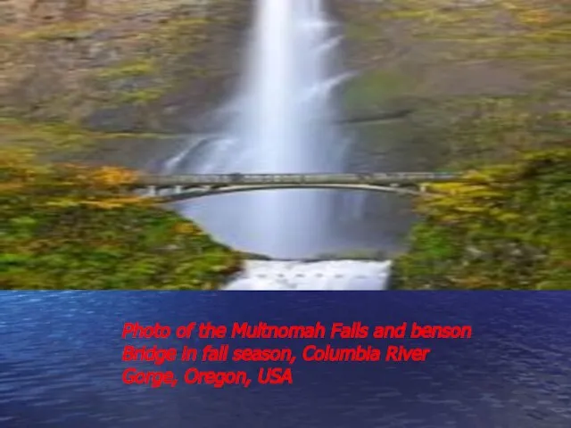 Photo of the Multnomah Falls and benson Bridge in fall season, Columbia River Gorge, Oregon, USA