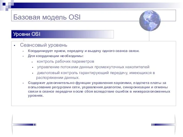 Базовая модель OSI Сеансовый уровень Координирует прием, передачу и выдачу одного сеанса