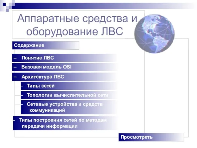 Типы построения сетей по методам передачи информации Аппаратные средства и оборудование ЛВС