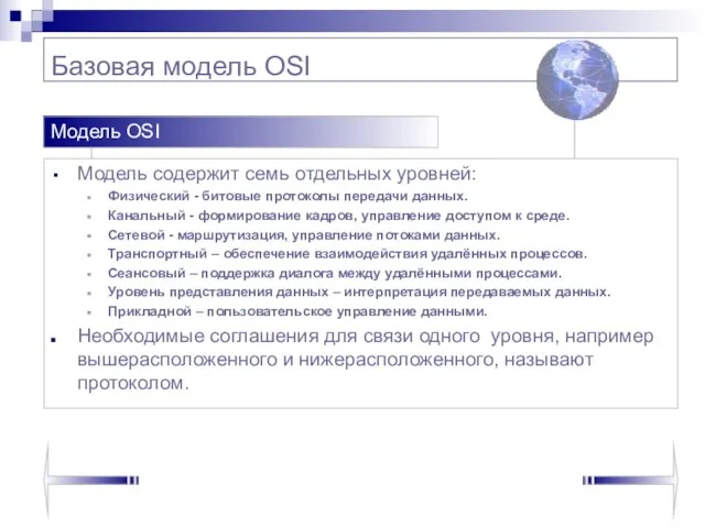 Базовая модель OSI Модель содержит семь отдельных уровней: Физический - битовые протоколы