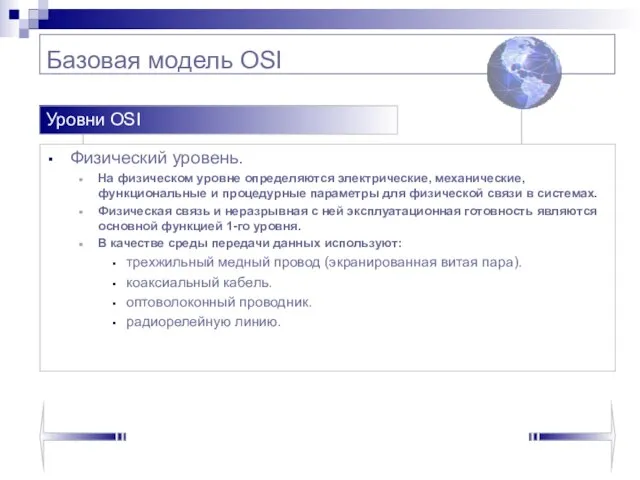 Базовая модель OSI Физический уровень. На физическом уровне определяются электрические, механические, функциональные