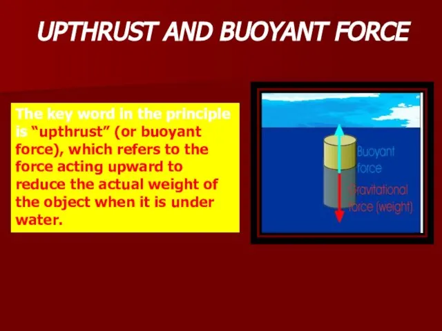 The key word in the principle is “upthrust” (or buoyant force), which