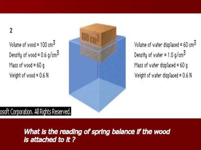 What is the reading of spring balance if the wood is attached to it ?