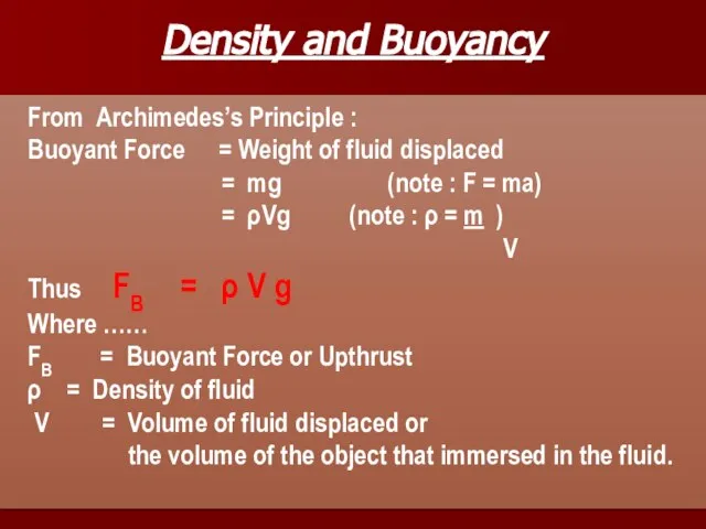 Density and Buoyancy From Archimedes’s Principle : Buoyant Force = Weight of