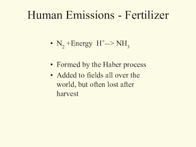 Human Emissions - Fertilizer N2 +Energy H+--> NH3 Formed by the Haber