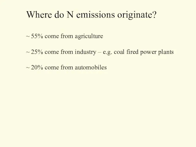 Where do N emissions originate? ~ 55% come from agriculture ~ 25%