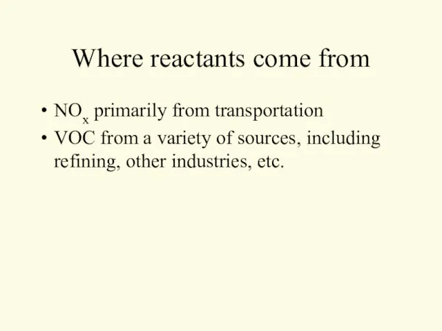 Where reactants come from NOx primarily from transportation VOC from a variety