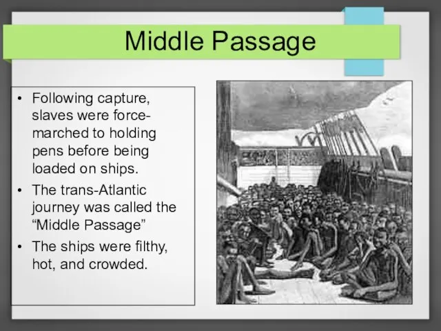 Middle Passage Following capture, slaves were force- marched to holding pens before