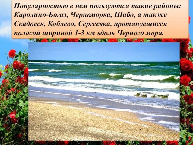 Популярностью в нем пользуются такие районы: Каролино-Богаз, Черноморка, Шабо, а также Скадовск,