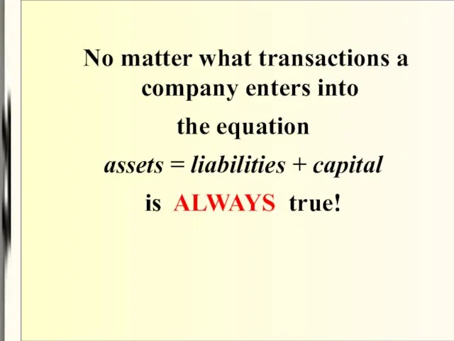 No matter what transactions a company enters into the equation assets =