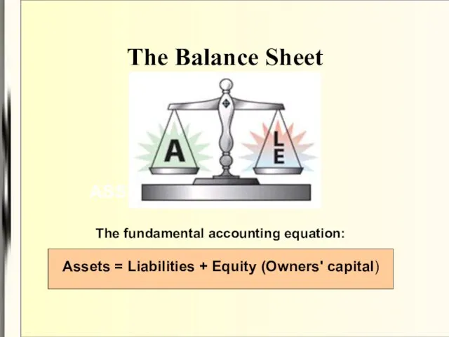 The Balance Sheet ASSETS The fundamental accounting equation: Assets = Liabilities + Equity (Owners' capital)