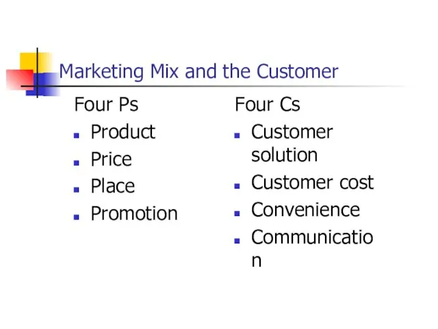 Marketing Mix and the Customer Four Ps Product Price Place Promotion Four