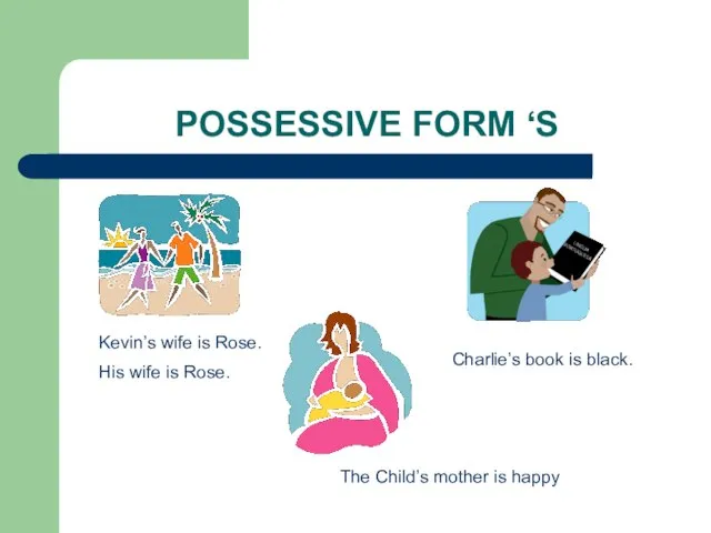 POSSESSIVE FORM ‘S Kevin’s wife is Rose. His wife is Rose. Charlie’s