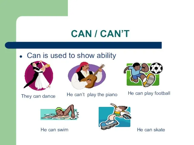 CAN / CAN’T Can is used to show ability They can dance