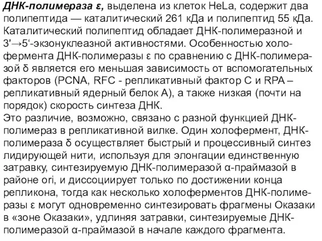 ДНК-полимераза ε, выделена из клеток HeLa, содержит два полипептида — каталитический 261