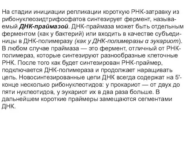 На стадии инициации репликации короткую РНК-затравку из рибонуклеозидтрифосфатов синтезирует фермент, называ- емый