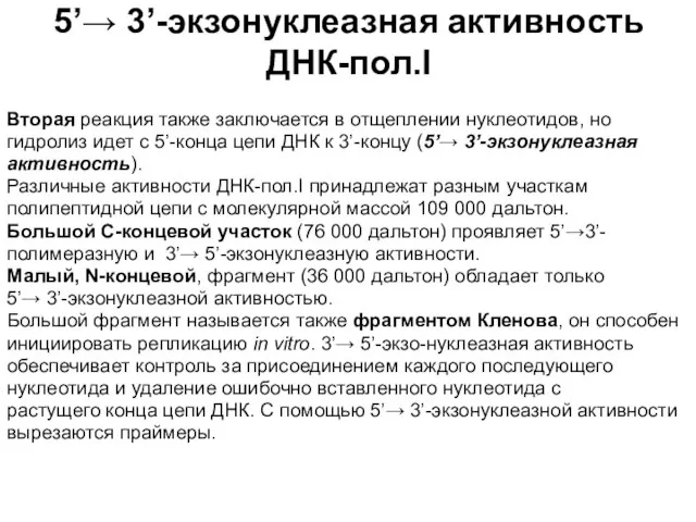 5’→ 3’-экзонуклеазная активность ДНК-пол.I Вторая реакция также заключается в отщеплении нуклеотидов, но