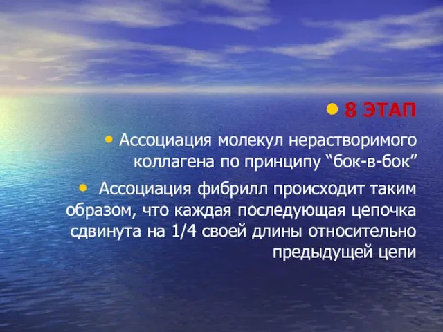 8 ЭТАП Ассоциация молекул нерастворимого коллагена по принципу “бок-в-бок” Ассоциация фибрилл происходит